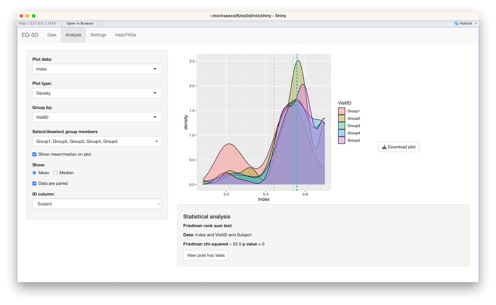 Shiny EQ-5D app density plot screenshot